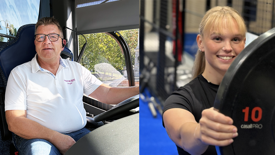 Montage av bild på man som kör buss och kvinna som jobbar som personlig tränare.