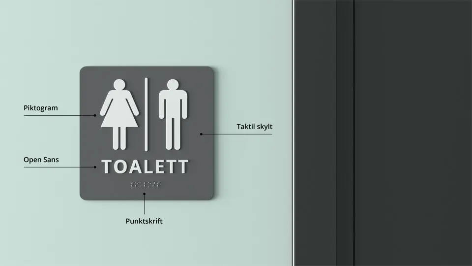 En taktil skylt för toalett också med punktskrift.