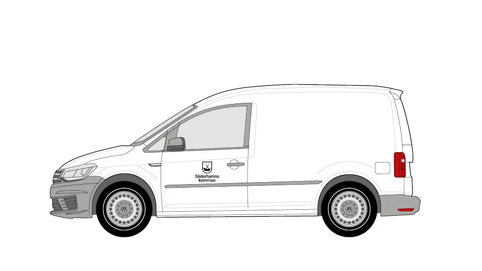 En vit skåpbil av mindre modell visas med svart logotyp på framdörren.
