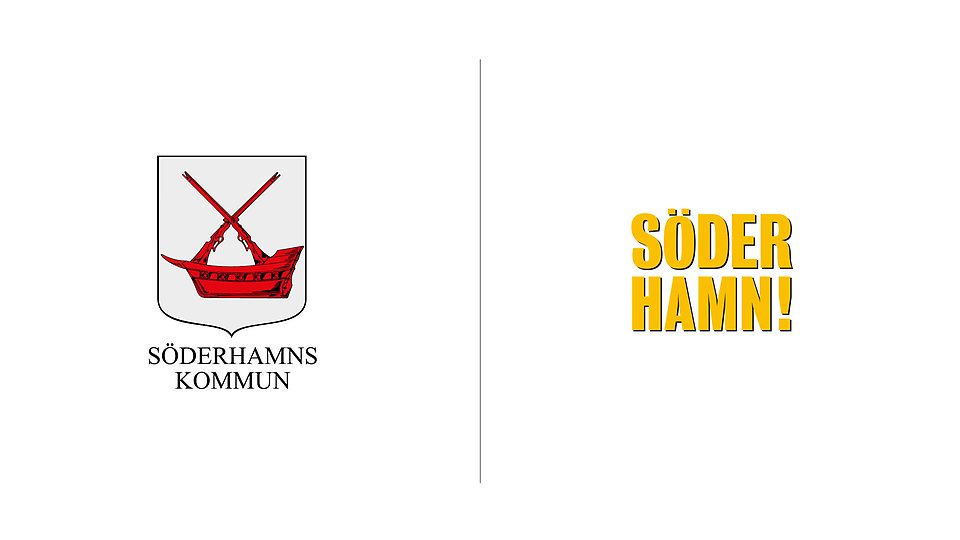 Söderhamns kommunvapen till vänster i bild. Befintlig gul-svart logotyp till höger.