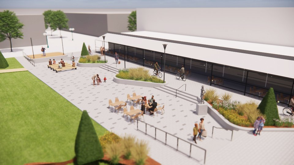 Visionsbild av den nya torgytan vid strykjärnsparken, med utsikt mot restaurangen Eat and Meet