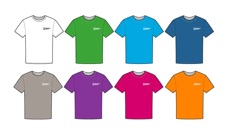 Bilden illustrerar t-shirts i vit, grön, turkos, blå, grå, lila, rosa och orange.
